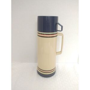 Vintage‎ Aladdin Thermos 1 Quart Vacuum Bottle Cream Navy Red Green Stripe USA